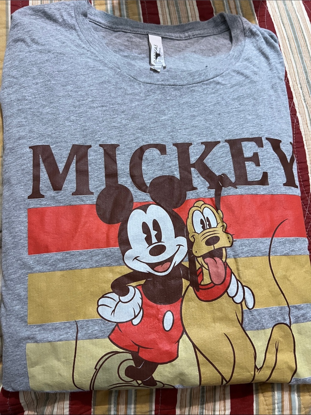 Disney womens 2X Gray Mickey & Pluto Graphic Tee with Red and Gold Accents